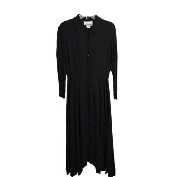 Mica Vintage Women Dress Sz‎ M Black Button Front Long Sleeve Midi 80s Academia - Picture 1 of 13